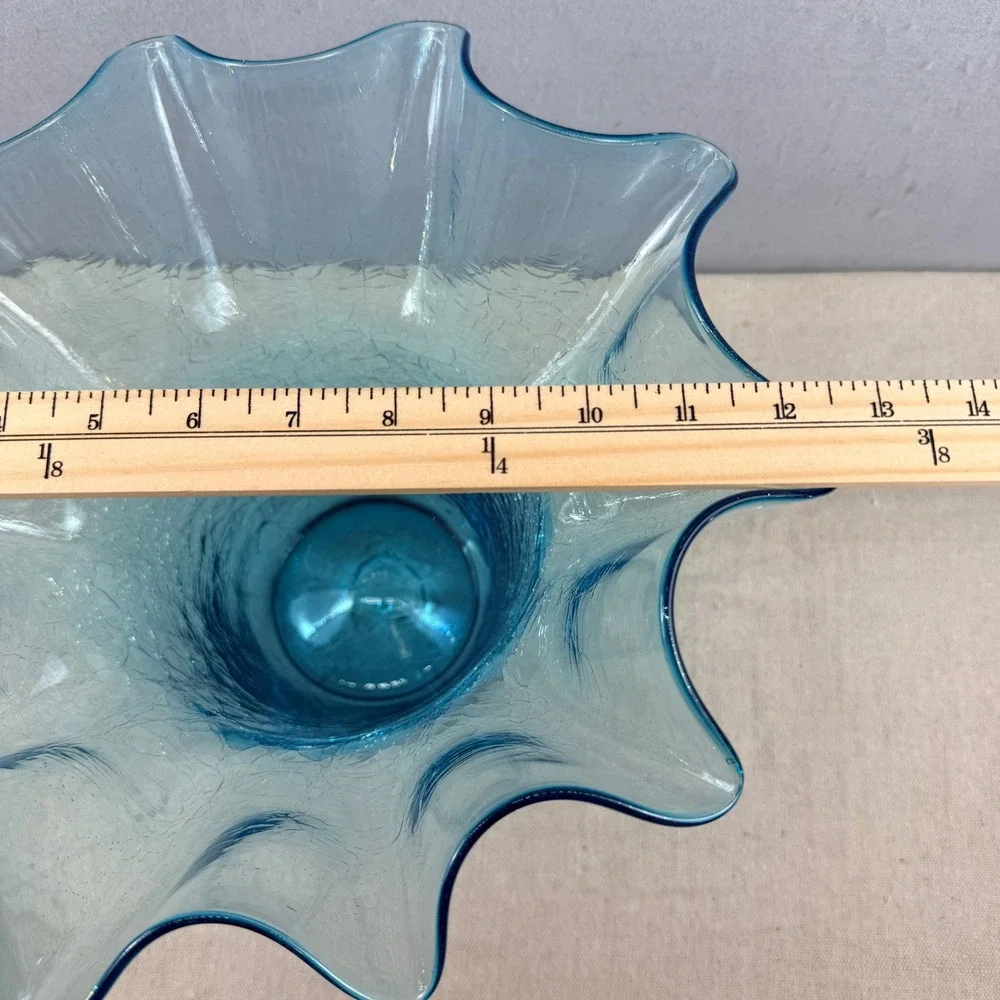 VTG Bischoff‎ Peacock Blue Glass Crackle Vase Ruffled Rim 11